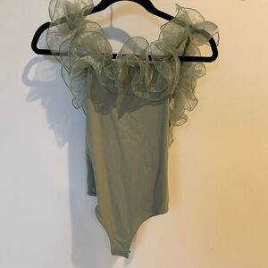 Free People Ruffled Bodysuit in Light Green